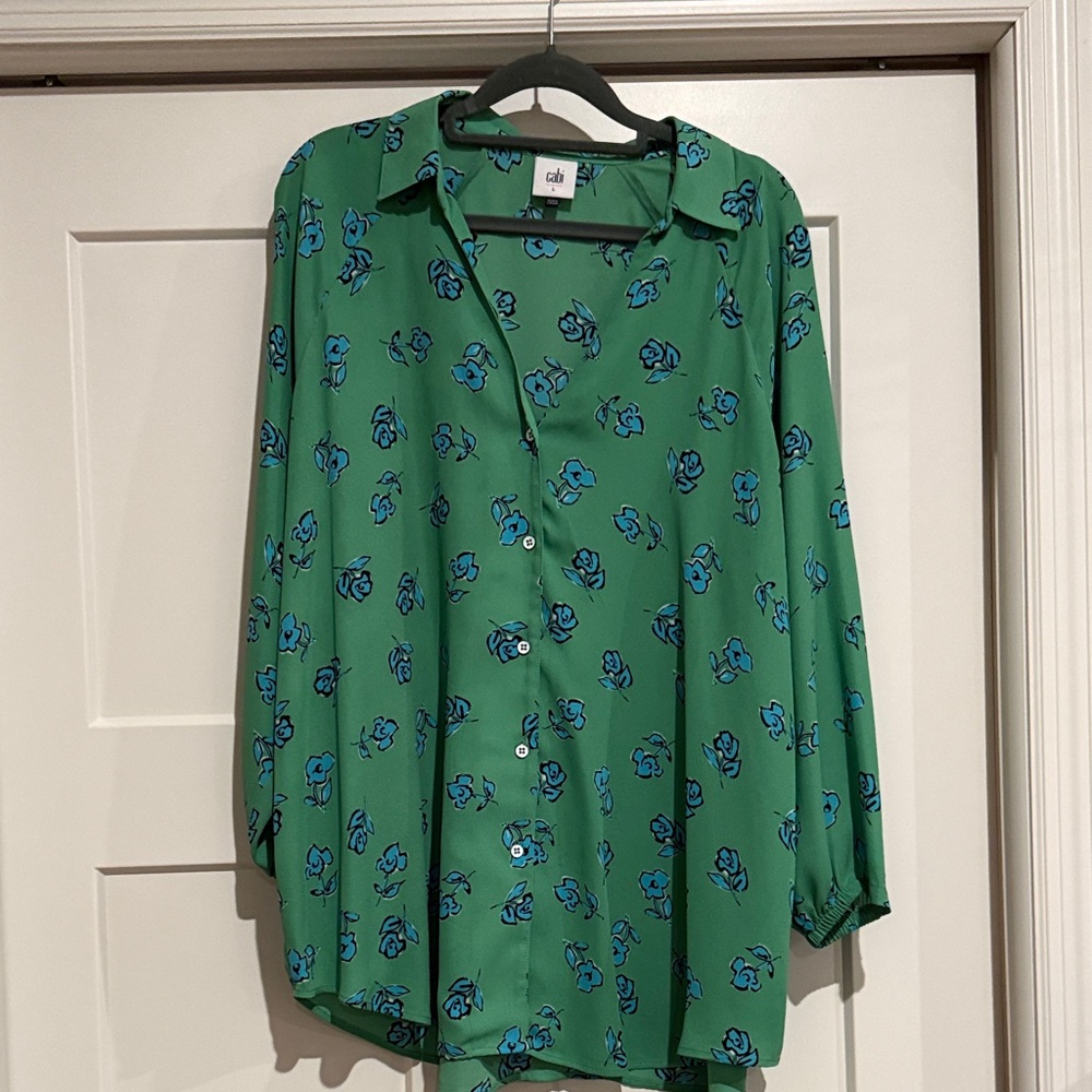 CAbi Mint Green Top with Navy Floral Design